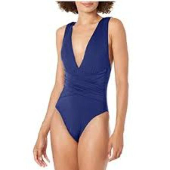 Trina Turk Plunge Wrap Front One Piece Swimsuit Blue Size 4 NWT - Picture 1 of 6